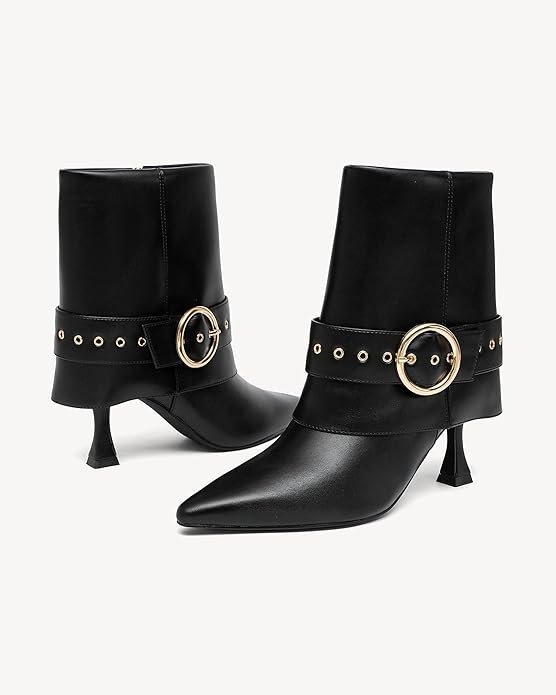 Black Pointed-Toe Ankle Boots with Gold Buckle
