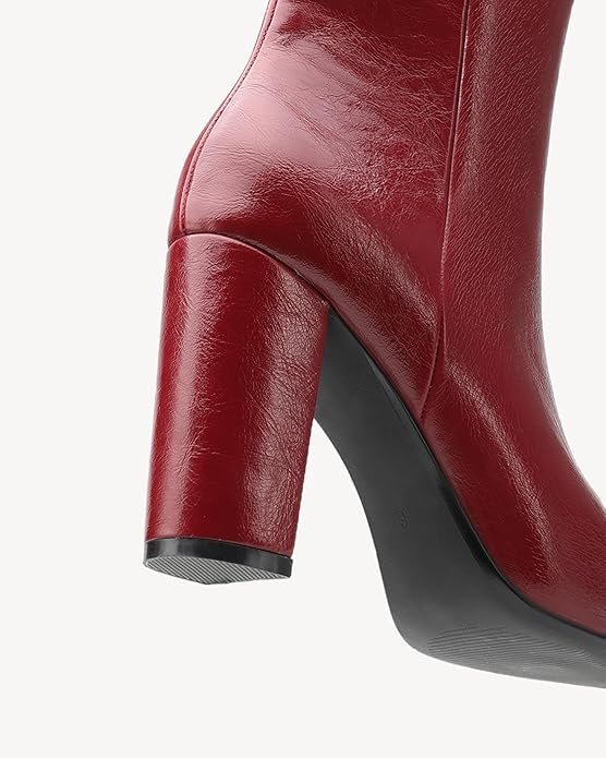 Cherry Red Classic Square-Toe Heeled Boots